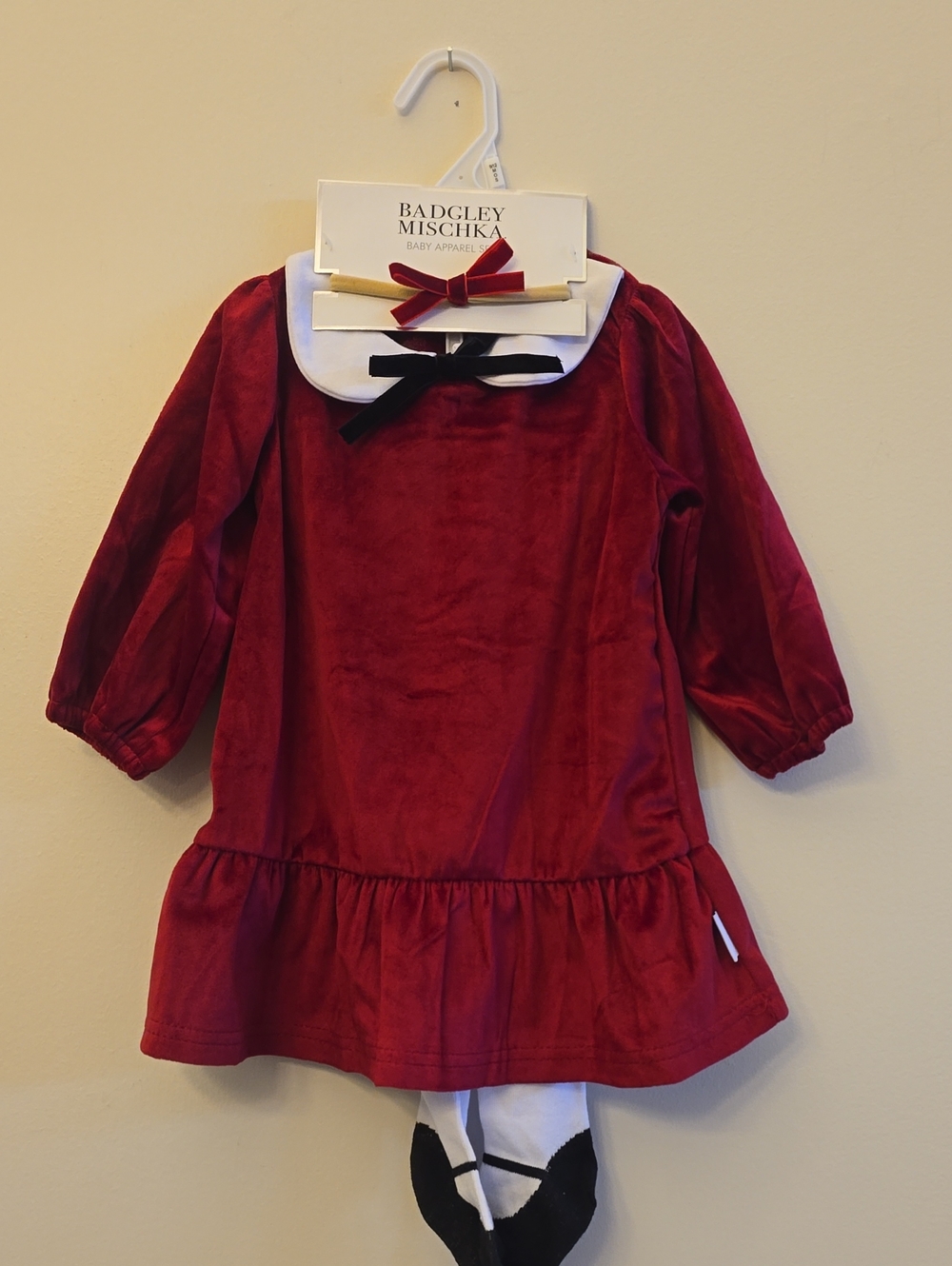 Badgley Mischka Burgundy Velvet Dress with White Collar and Black Bow